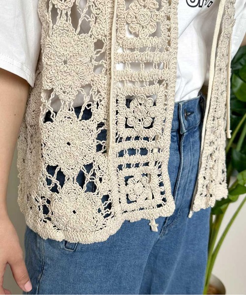 CRB ベスト ジレ リボンレースかぎ編みベスト レディース