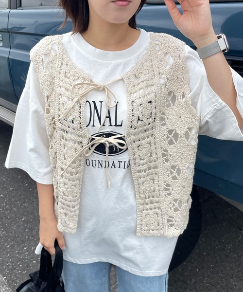 CRB ベスト ジレ リボンレースかぎ編みベスト レディース