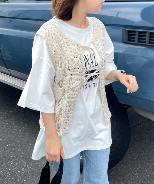 CRB ベスト ジレ リボンレースかぎ編みベスト レディース
