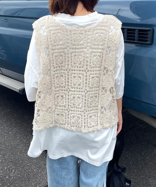 CRB ベスト ジレ リボンレースかぎ編みベスト レディース