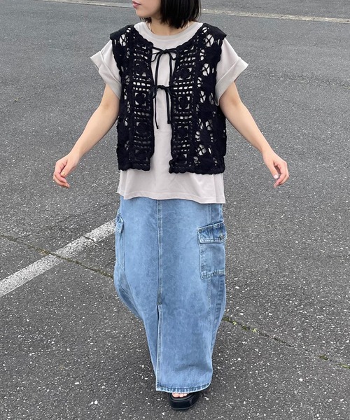 ベスト ジレ サイドリボンレースベスト レディース CRB ベスト ジレ リボンレースかぎ編みベスト レディース