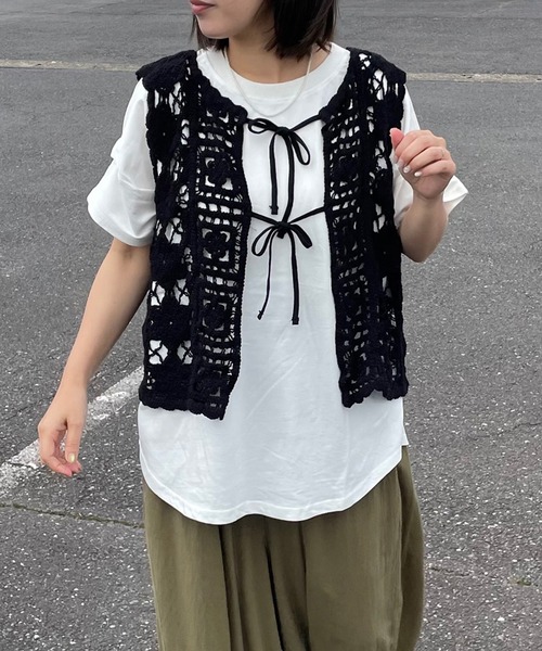 CRB ベスト ジレ リボンレースかぎ編みベスト レディース