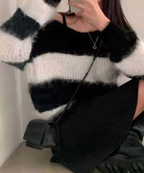 ニット セーター モヘアボーダー プルオーバー レディース ニット セーター ボーダー柄モヘアVネックニットトップス