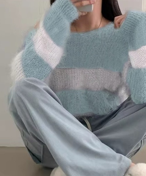 ニット セーター ボーダー柄モヘアVネックニットトップス