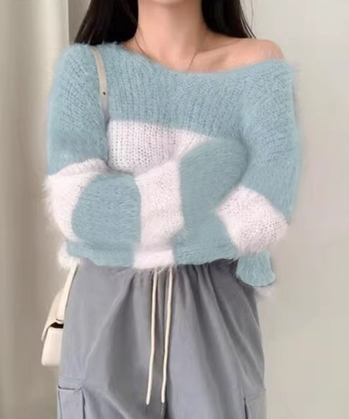 ニット セーター ボーダー柄モヘアVネックニットトップス