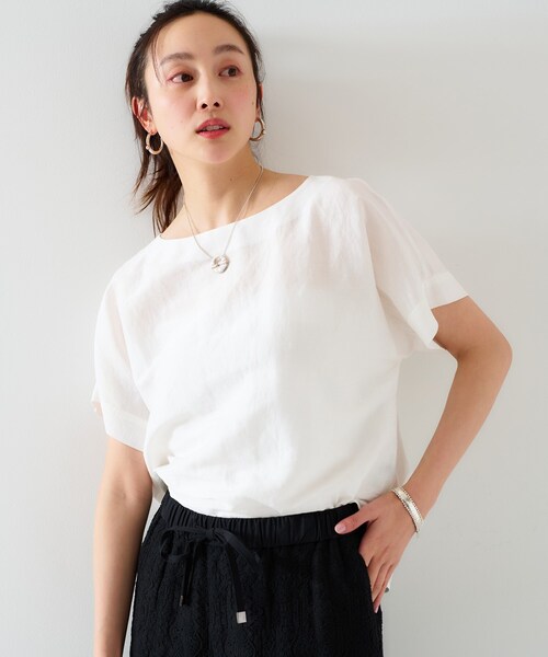 ブラウス シャツ 「セットアップ可能/手洗い可」リネン混 ボートネックTブラウス レディース UNTITLED ブラウス シャツ 「セットアップ可能/手洗い可」リネン