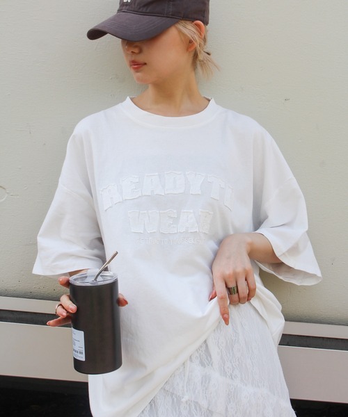 Tシャツ ホワイト 半袖 Oサイズ&ホワイトキャップ SpRay（スプレイ） tシャツ 半袖 貼付ロゴBIG Tシャツ レディース
