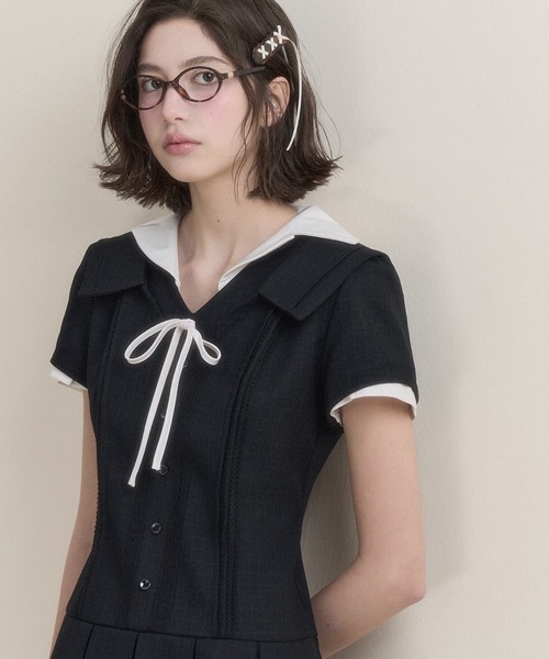 Sunset Park 半袖ミニワンピース ブラック/ホワイト SunsetPark ワンピース ミニ丈 プリーツワンピース SP25s037