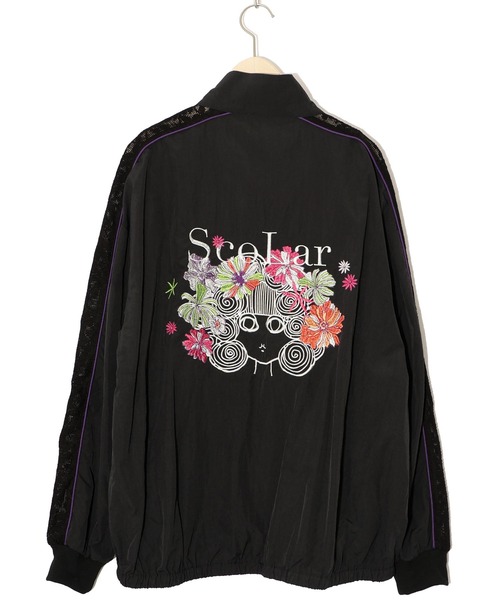 iS ScoLar　イズスカラー　花蝶刺繍レース切替ロングブルゾン　黒　M セール】スカラー ScoLar 花蝶おめかし刺繍 レース切替ワイド