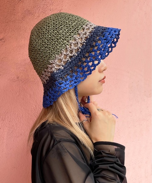 帽子　クロシェ　新品 帽子 ハット 「HIKA」ボーダークロシェ編みHAT レディース