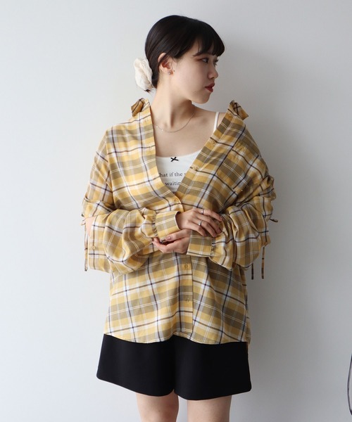 刺繍 襟付き フラワー チェック ブラウス ブラウン イエロー シェルボタン earth music&ecology（アース ミュージック＆エコロジー） ブラウス