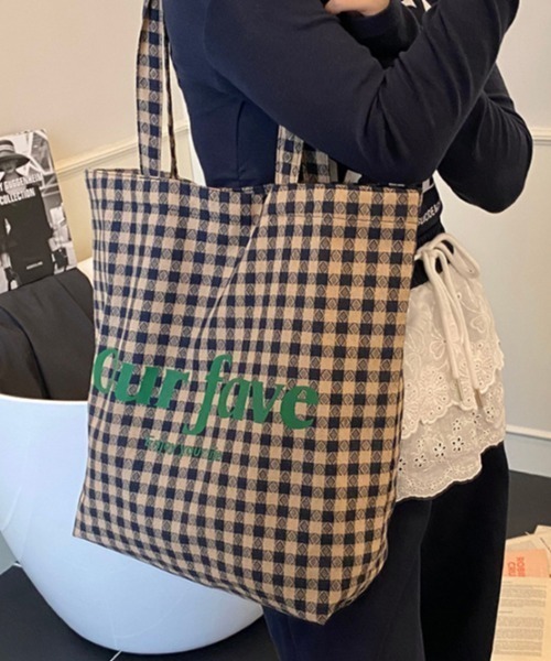 shyam inspiration トートバッグ チェック柄 レターロゴ プリント