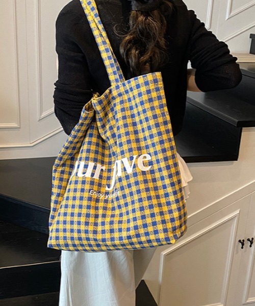 shyam inspiration トートバッグ チェック柄 レターロゴ プリント