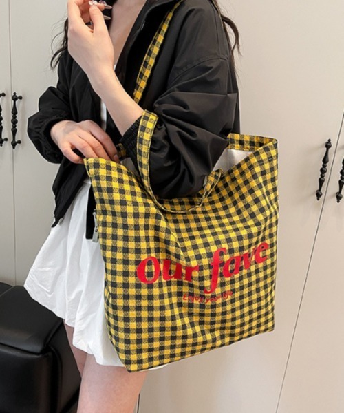 shyam inspiration トートバッグ チェック柄 レターロゴ プリント