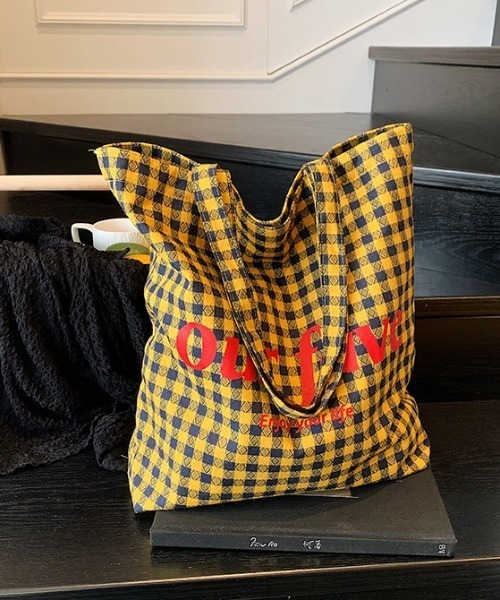 shyam inspiration トートバッグ チェック柄 レターロゴ プリント