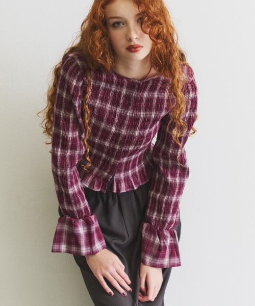 ブラウス シャツ Shirred frills blouse / シャーリングフリルブラウス