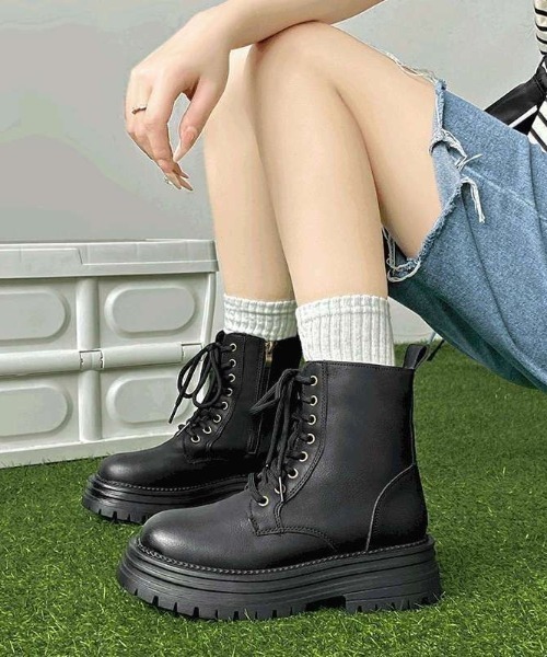 ブーツ 厚底レースアップ PUショートブーツ/内側ボア レディース