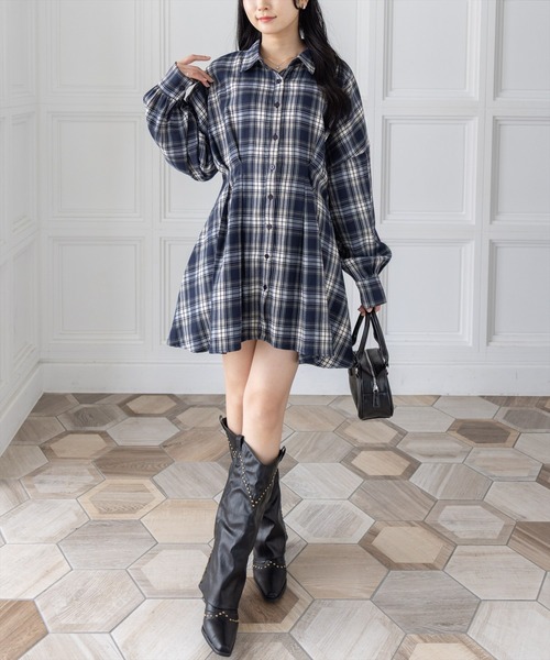 clear ワンピース チェックシャツミニワンピース「大人 カジュアル 着