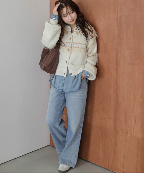 カーディガン ノルディック柄ニットカーディガン レディース