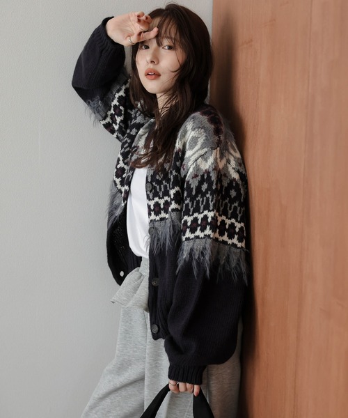 カーディガン ノルディック柄ニットカーディガン レディース