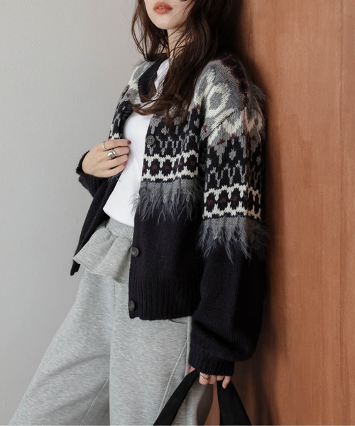 カーディガン ノルディック柄ニットカーディガン レディース