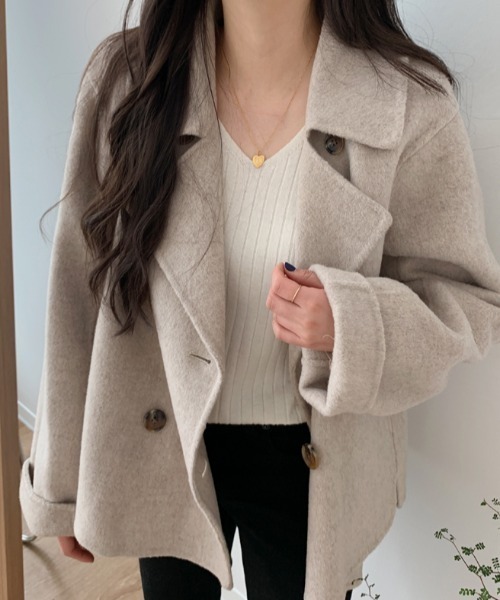 もちもち 23区ベージュ ウール混合 ピーコート ダブルブレスト FAVORITO ピーコート pコート メルトン襟付きダブルブレストジャケット