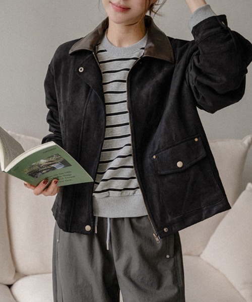 ブルゾン アウター フェイクレザー襟付き スエードライク ブルゾン