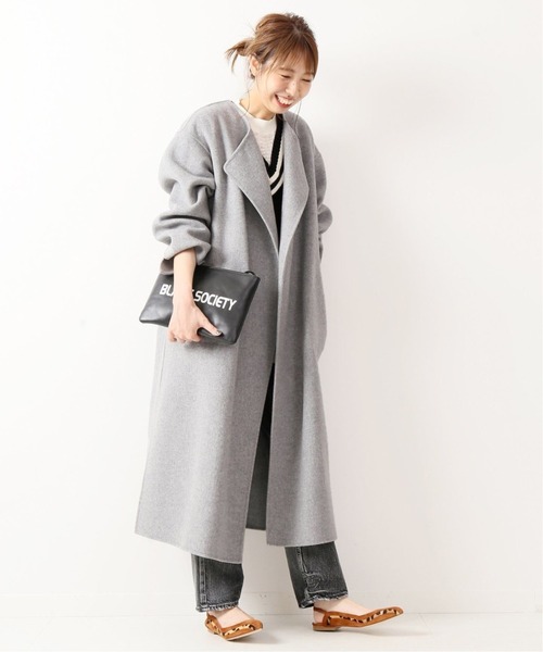 Spick&Span スピックアンドスパン　ノーカラーロングコート ベルト　38 spickandspan ノーカラーコート