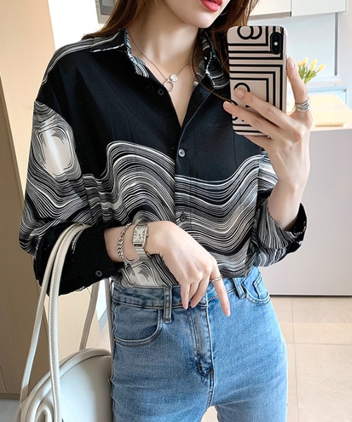 MARBLE ブラウス　女性用 Dewlily ブラウス シャツ マーブル柄ブラウス レディース