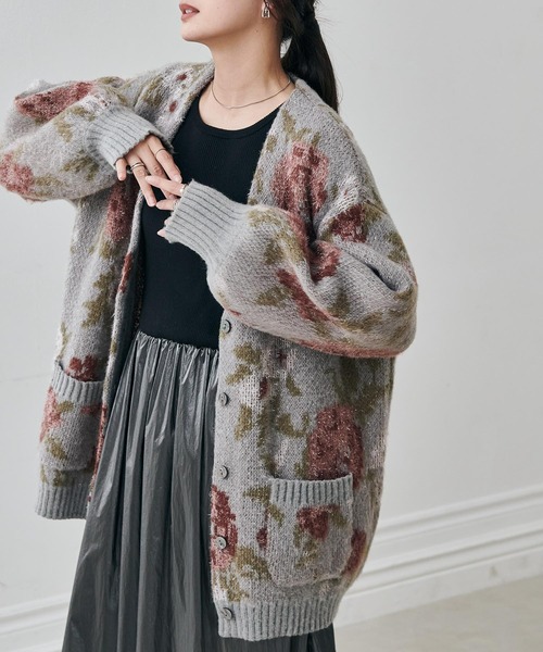 RANAN（ラナン） カーディガン フラワーフェザーVネックロング