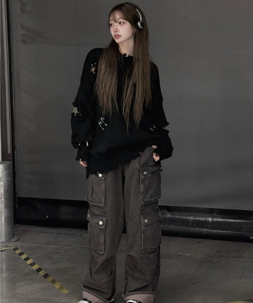 KsG ニット セーター オーバーサイズダメージピンニット レディース