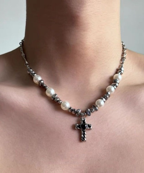 FreeZone ネックレス Y2k パールクロスネックレス メンズ レディース