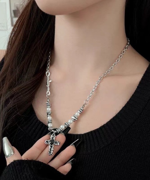 FreeZone ネックレス Y2k パールクロスネックレス メンズ レディース