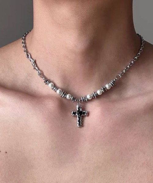 FreeZone ネックレス Y2k パールクロスネックレス メンズ レディース