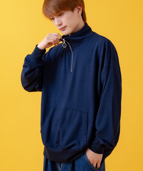 FICTIONTOKYO ハーフジップ スウェット トレーナー ハーフジップアップロゴ刺繍ビッグスウェット/ Half Zip-up Logo