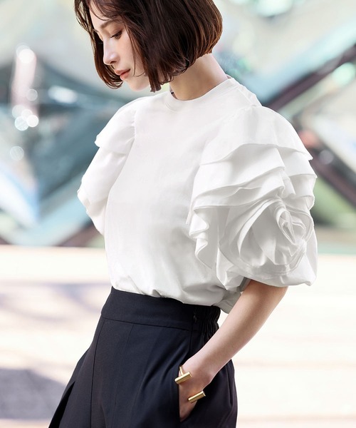 ELFRANK tシャツ 半袖 バルーンスリーブフリルモチーフカットソー