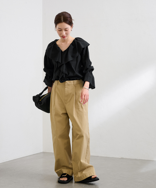 FRAMeWORK レディースシャツ GLOBAL WORK tシャツ リメイク風フリルプリント7分袖/589278