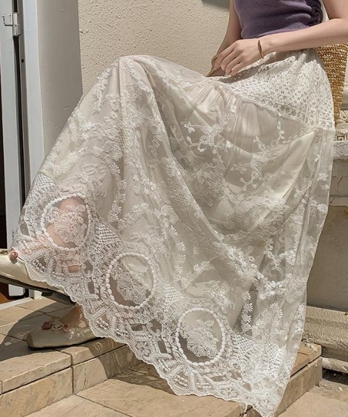 FAVORITO ロング スカート フローラルレース×クロシェ切替 ティアード