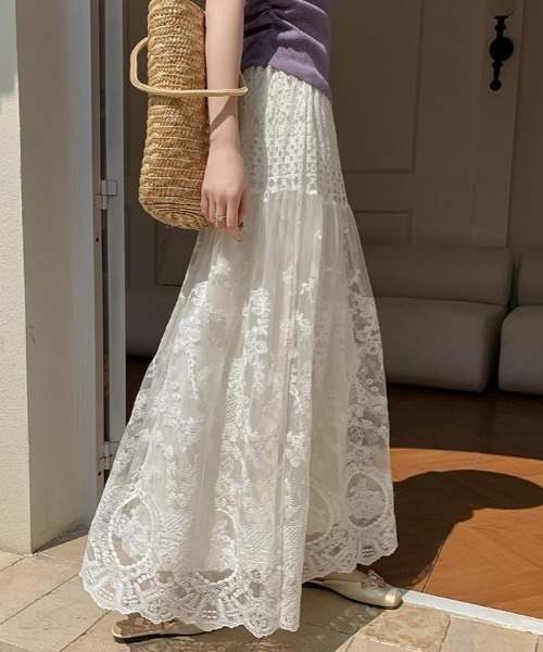 FAVORITO ロング スカート フローラルレース×クロシェ切替 ティアード