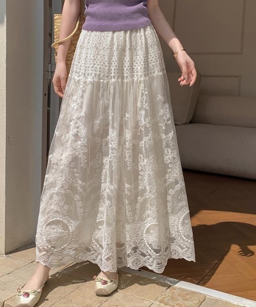 FAVORITO ロング スカート フローラルレース×クロシェ切替 ティアード
