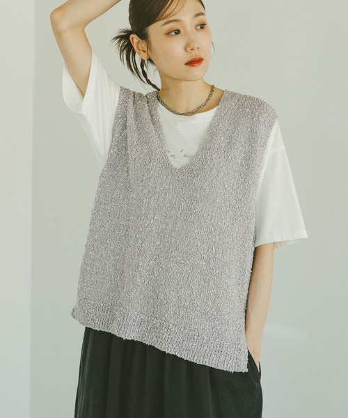 タオコムデギャルソン パッチワーク風ニットブラウス ウール 半袖 レイヤード GLOBAL WORK（グローバルワーク） tシャツ テープヤーンベスト＊半袖T