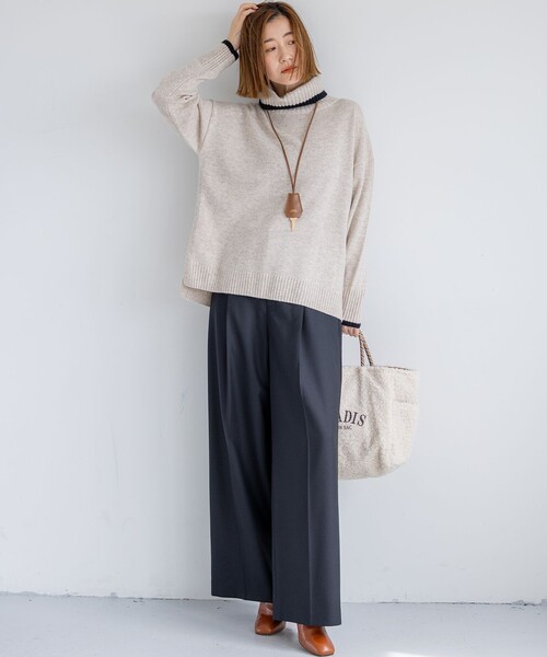 パンツ ナチュラルストレッチサキソニー タック ワイド パンツ レディース_16