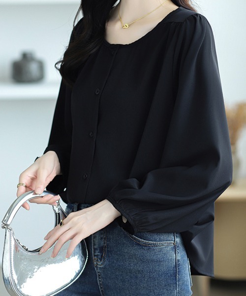 【大人気美品】大人気 YOKOCHAN パフスリーブ バックギャザー ブラウス ブラウス シャツ パフスリーブ×バックギャザー光沢ブラウス レディース