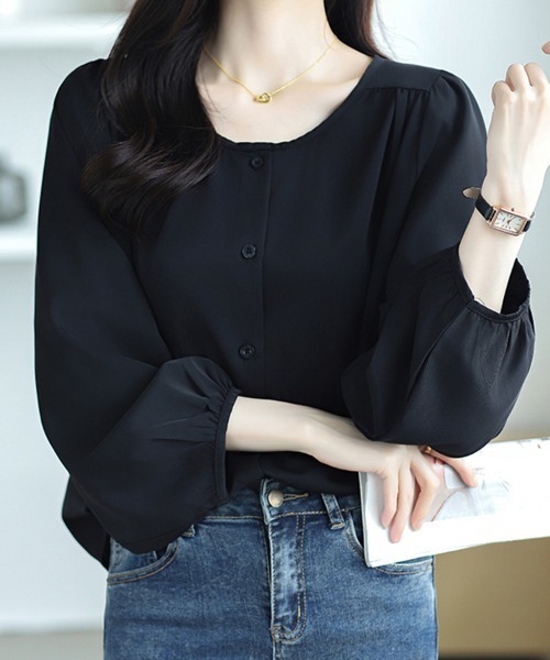【大人気美品】大人気 YOKOCHAN パフスリーブ バックギャザー ブラウス ブラウス シャツ パフスリーブ×バックギャザー光沢ブラウス レディース
