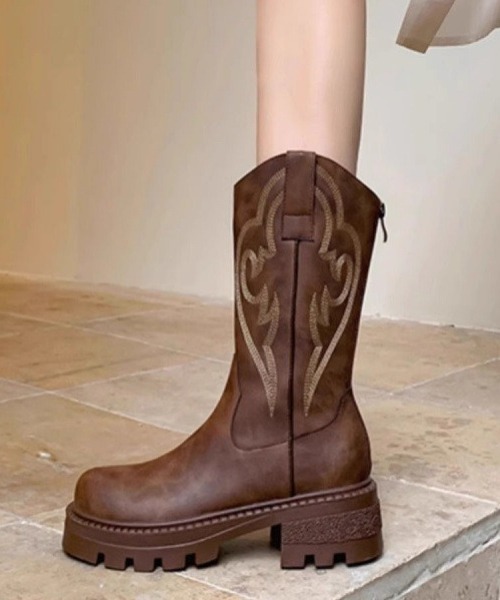 ブーツ 刺繍デザイン 入りウエスタンブーツ レディース : ZOZOTOWN