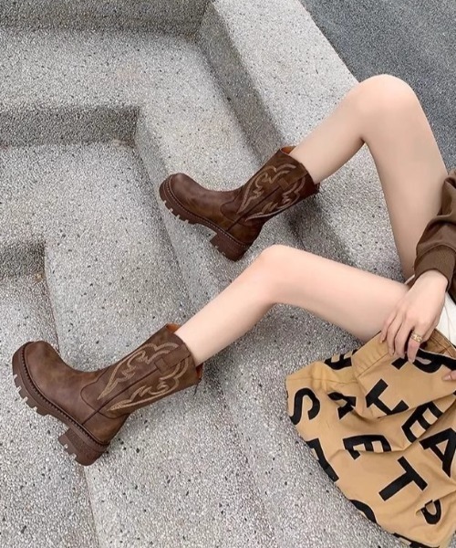 希少】メキシコ製　本革ウエスタンブーツ　刺繍デザイン　ベージュ24.5〜25cm ブーツ 刺繍デザイン 入りウエスタンブーツ レディース : ZOZOTOWN