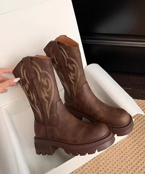 ブーツ 刺繍デザイン 入りウエスタンブーツ レディース : ZOZOTOWN