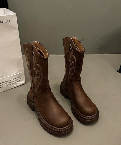 ブーツ 刺繍デザイン 入りウエスタンブーツ レディース : ZOZOTOWN