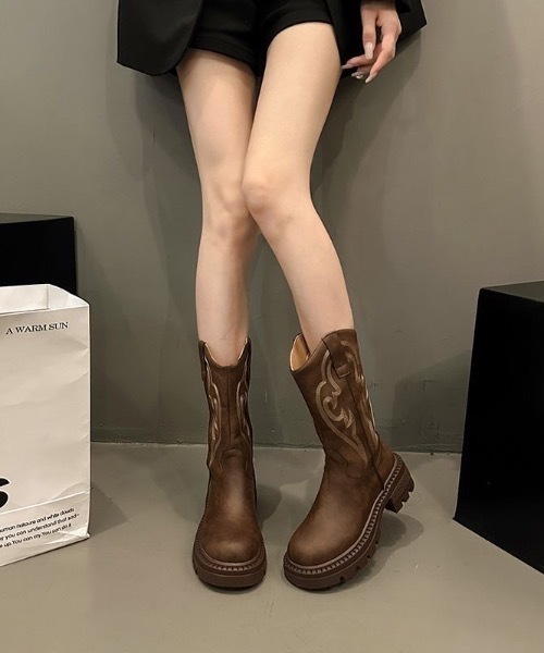 ブーツ 刺繍デザイン 入りウエスタンブーツ レディース : ZOZOTOWN