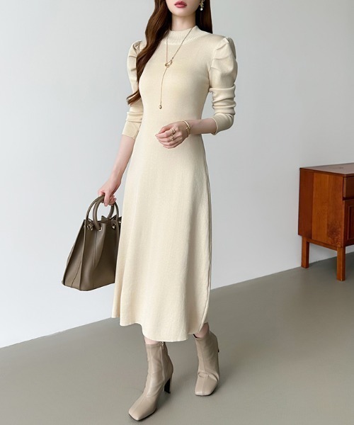 COCOMOMO ワンピース パフスリーブニットワンピース パワショル ニット